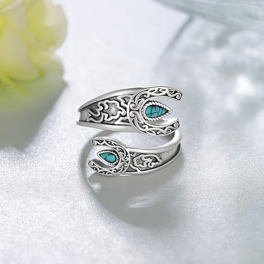 925 Sterling Silver Wrap Ring Retro Moon & Flower Design Inlaid Turquoise In Waterdrop Shape High Quality Adjustable Ring With Gift Box