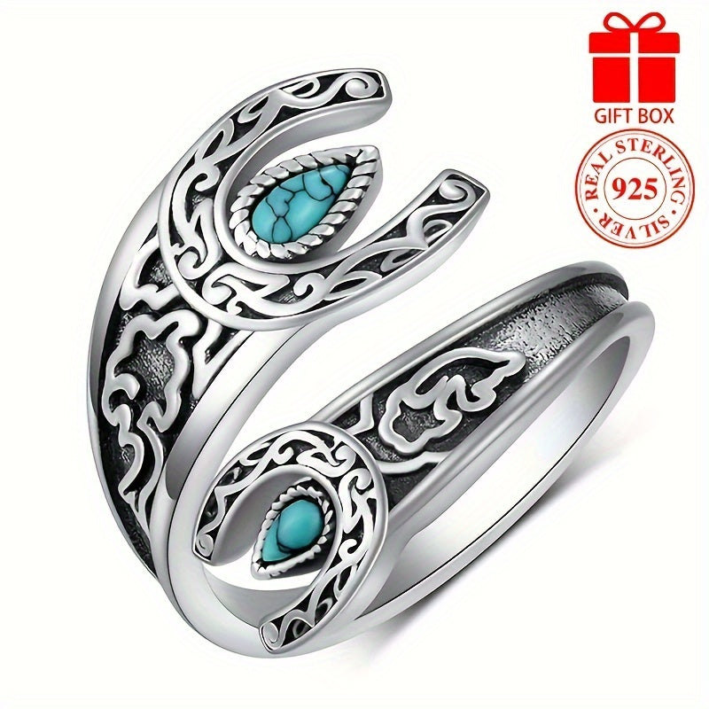 925 Sterling Silver Wrap Ring Retro Moon & Flower Design Inlaid Turquoise In Waterdrop Shape High Quality Adjustable Ring With Gift Box