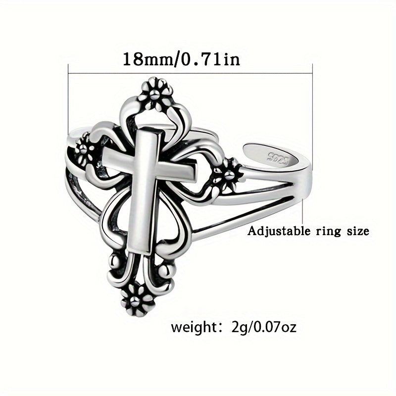 925 Sterling Silver Cuff Ring Retro Cross + Flower Design Suitable For Men And Women Match Daily Outfits High Quality Jewelry