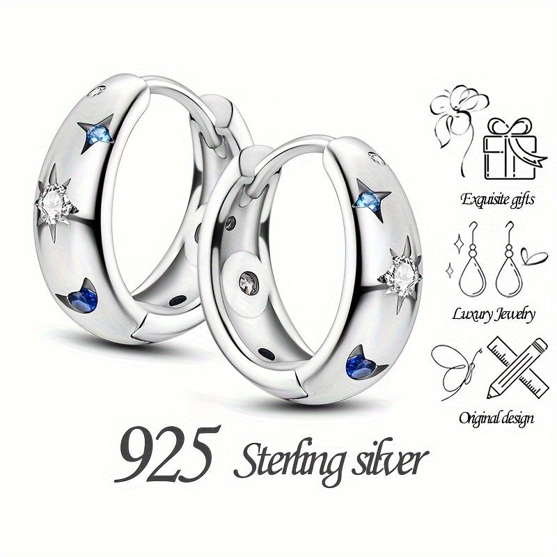 Sterling 925 Silver Hypoallergenic Ear Jewelry Star Pattern Shiny Zircon Inlaid Hoop Earrings Elegant Luxury Style Trendy Female Gift