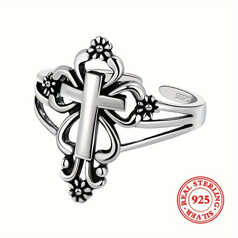 925 Sterling Silver Cuff Ring Retro Cross + Flower Design Suitable For Men And Women Match Daily Outfits High Quality Jewelry