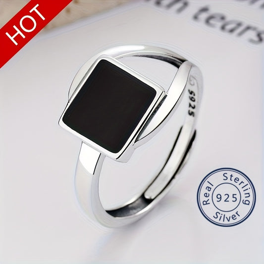 925 Sterling Silver Ring Black Square Design Oil Dripping Craft Trendy Horseshoe Buckle Shape Adjustable Jewelry Suitable For Men And Women (3g)