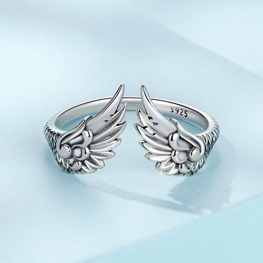 925 Sterling Silver Ring Angel Wing Design For Female Adjustable Cuff Ring Delicate Carving Craft Luxury Birthday Chrismas Gift For Female With Gift Box