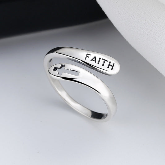 925 Sterling Silver Wrap Ring Carved Cross And Letter On The Surface Match Daily Outfits Suitable For Men And Women 1.95g\u002F0.07oz