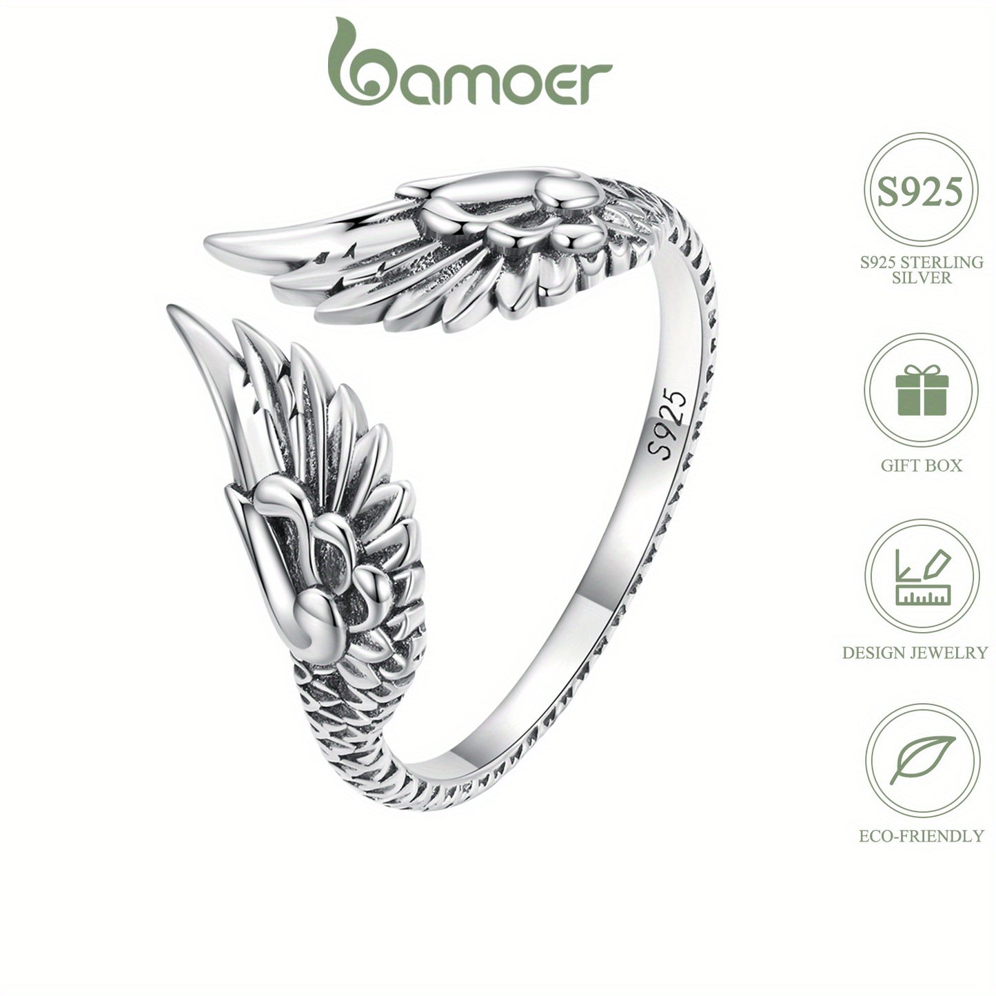 925 Sterling Silver Ring Angel Wing Design For Female Adjustable Cuff Ring Delicate Carving Craft Luxury Birthday Chrismas Gift For Female With Gift Box